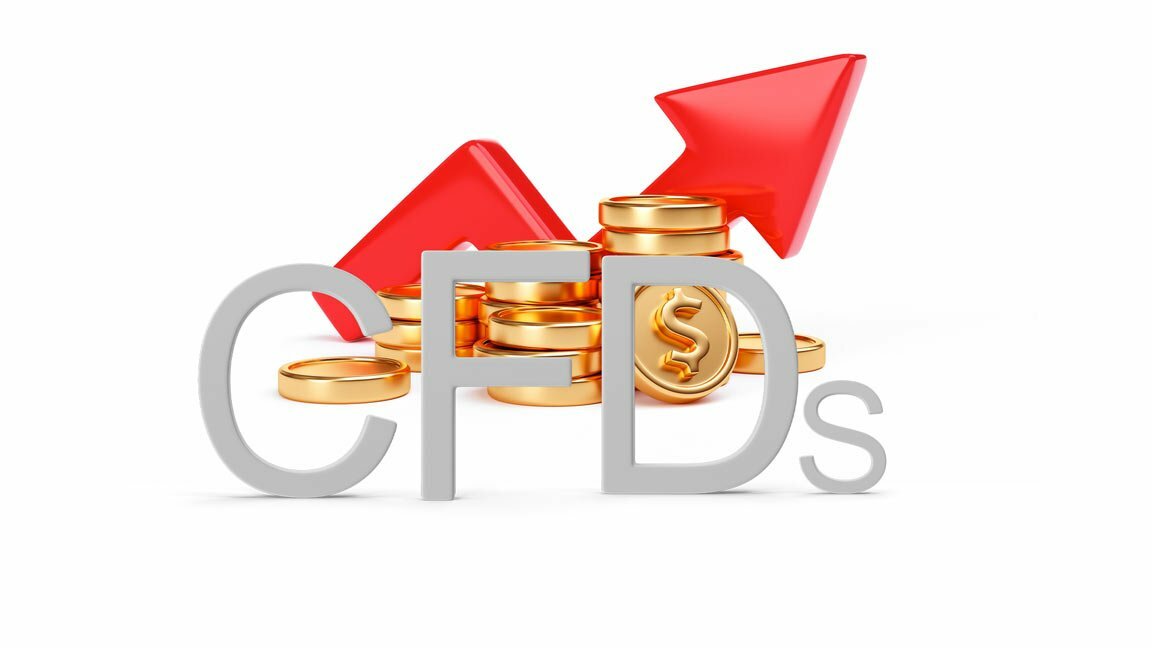 عقود الفروقات CFD’S -صورة سهم أحمر وجموعة عملات اسفله